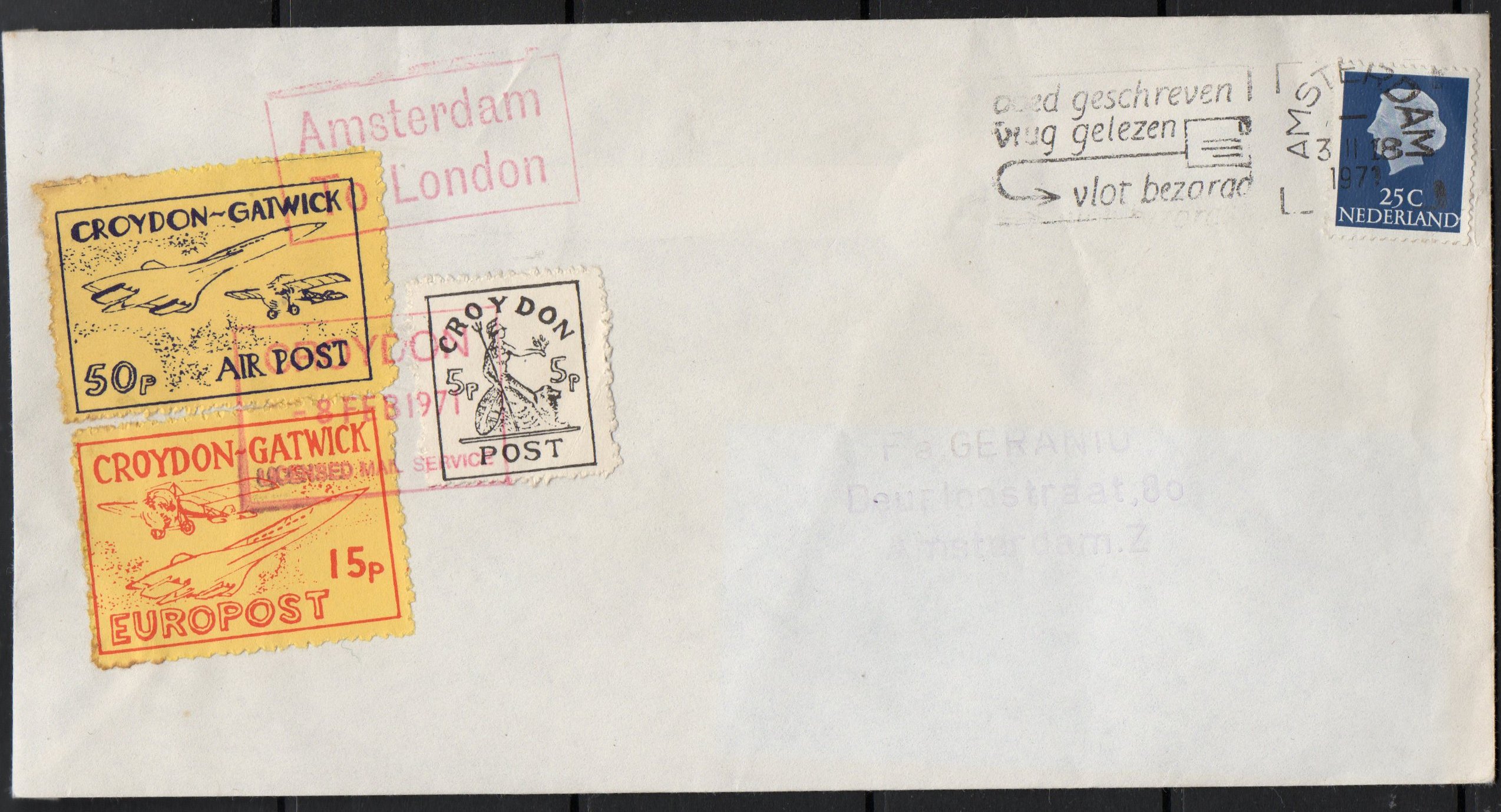 1971 Croydon Gatwick Strike Post cover with multiple CGP franking, Feb 8th 1971